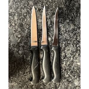 3 Tramontina INOX Stainless Steel Kitchen Knives w/Black Handles Serrated Blades